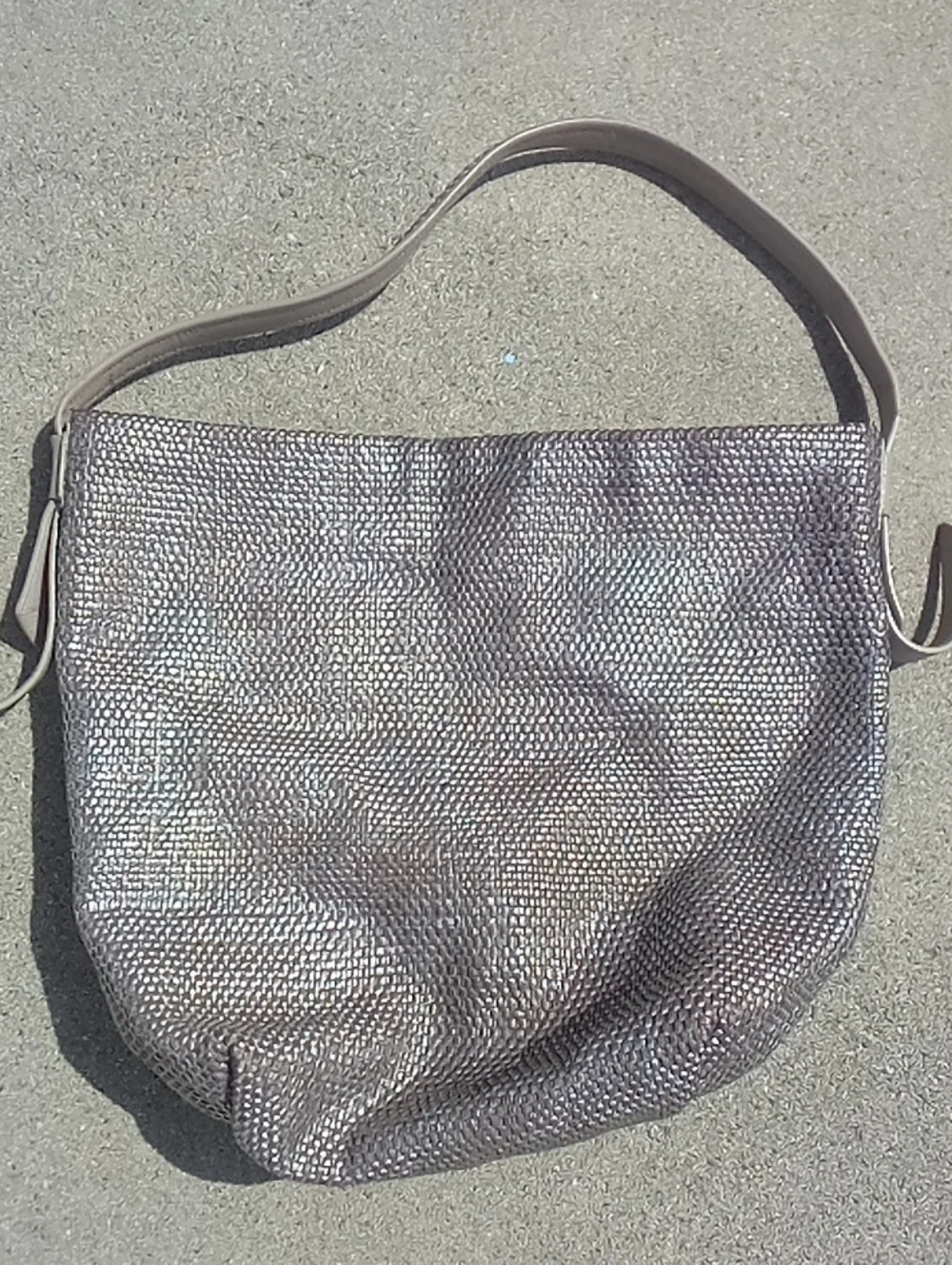 Cole Haan Pewter Golden Beige Woven Leather Genevieve Large Bucket Hobo